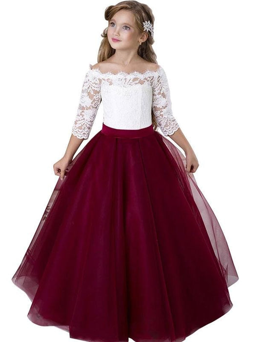 Flower Girl Dresses Bateau Neck Tulle 3/4 Length Sleeves Floor Length Princess Silhouette Sash Kids Party Dresses