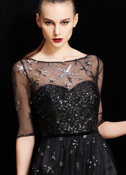 Bateau Neck Illusion Sweetheart Sequin Star Half Sleeves Tulle Prom Dress