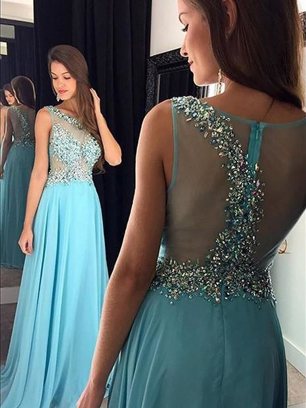 Bateau Sleeveless Floor-Length A-line With Beading Chiffon Dresses - Prom Dresses