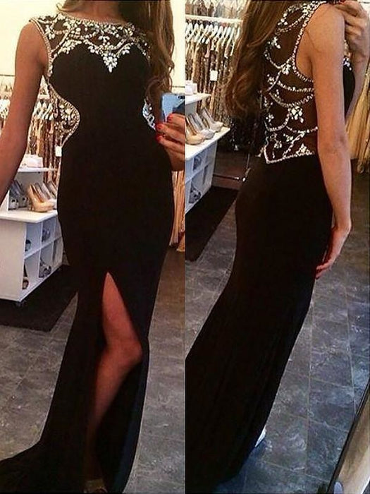 Bateau Sleeveless Sweep/Brush Train With Beading Spandex Dresses - Prom Dresses