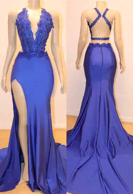 Halter Neck Mermaid Prom Gown with Lace Appliques and Thigh-High Split