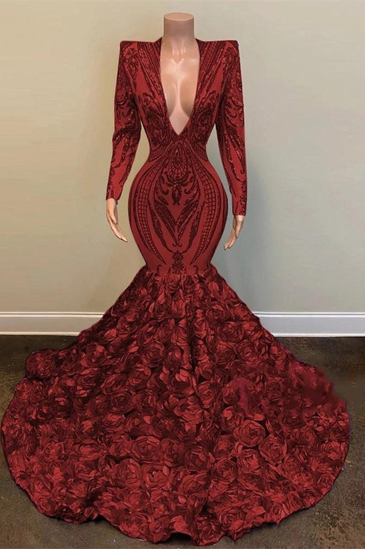 Red V-Neck Long Sleeves Sequins Lace Prom Dress Mermaid with Flower Bottom