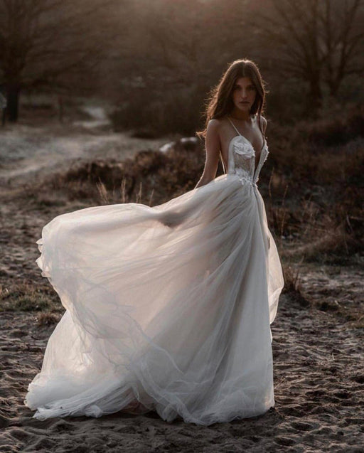 Beach Bohemian Wedding Dresses Spaghetti Backless Lace Tulle Wedding Dresses - Wedding Dresses