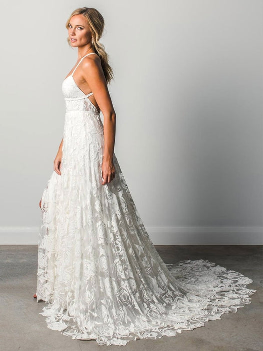 Beach Wedding Dresses V Neck Sleeveless Lace Applique Ivory White Bridal  Gowns