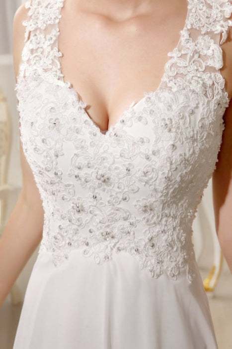 Beach Wedding Dresses Chiffon Ivory Bridal Dress Lace Beading V Neck Court Train Summer Bridal Gown