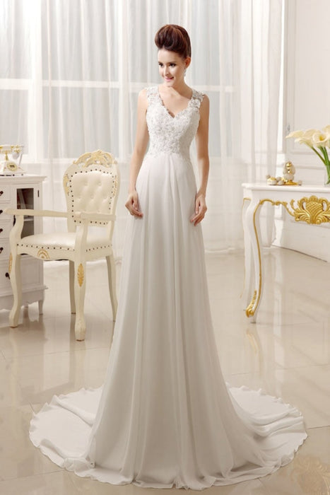 Beach Wedding Dresses Chiffon Ivory Bridal Dress Lace Beading V Neck Court Train Summer Bridal Gown