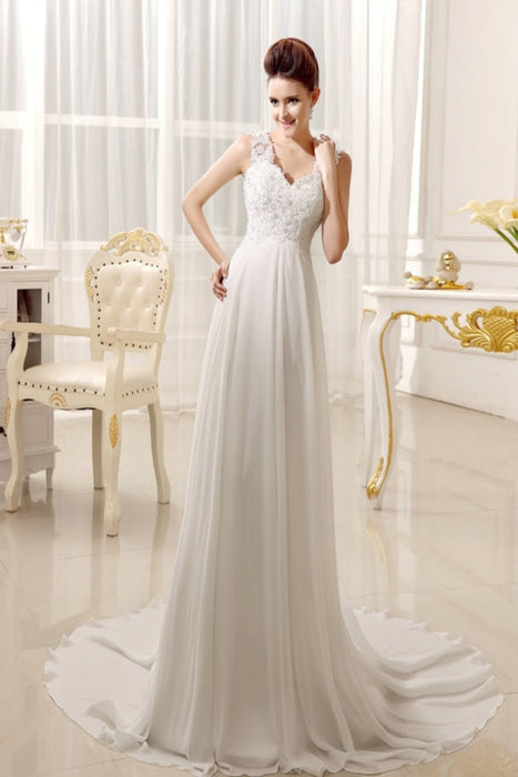 Beach Wedding Dresses Chiffon Ivory Bridal Dress Lace Beading V Neck Court Train Summer Bridal Gown