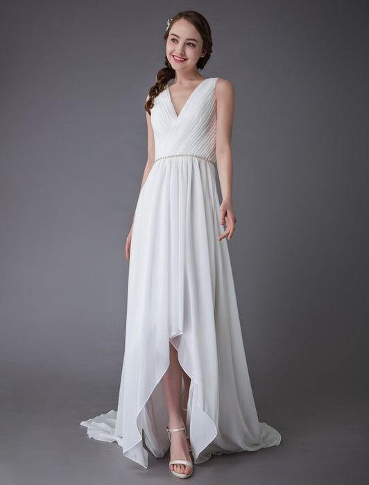 Beach Wedding Dresses Chiffon V Neck High Low Sash Summer Bridal Dress