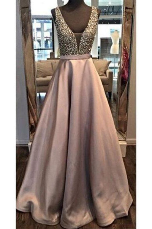 Beading Backless A-line Satin Beaded Prom Formal Dress Long - Prom Dresses