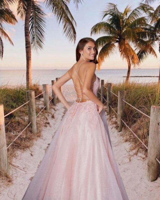 Beautiful pink Prom dresses with lace Evening Swing Dress - Prom Dresses