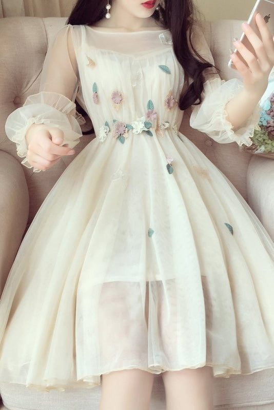 Beige 3/4 Sleeve Knee Length Prom Dress with Flowers Sweet Homecoming Dresses - Prom Dresses