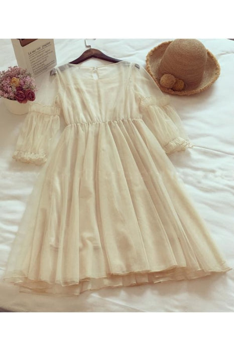 Beige 3/4 Sleeve Knee Length Prom Dress with Flowers Sweet Homecoming Dresses - Prom Dresses