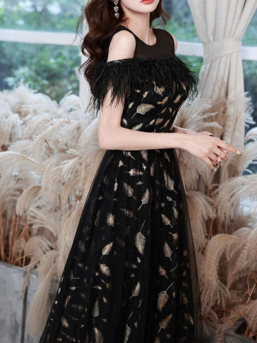 Black Evening Dress A-Line Jewel Neck Lace Floor-Length Feathers Social Pageant Dresses