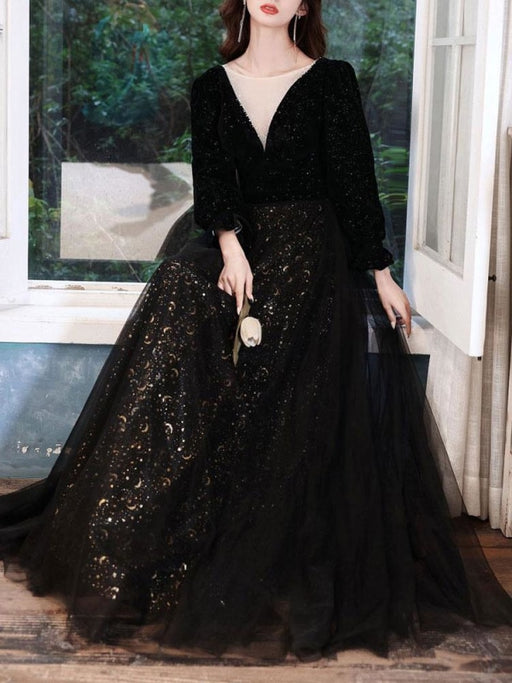 Black Evening Dress A-Line Jewel Neck Long Sleeves Sequined Lace Soft Tulle Floor-Length Formal Party Dresses