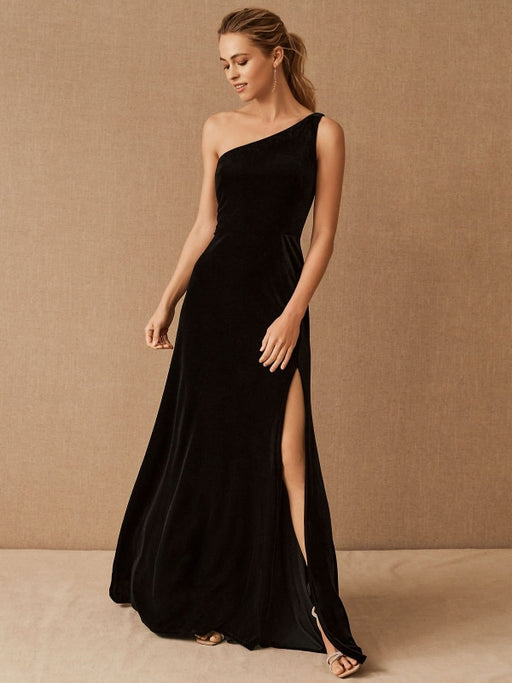 Black Evening Dress A-Line One-Shoulder Velour Floor-Length Split Front Social Party Dresses