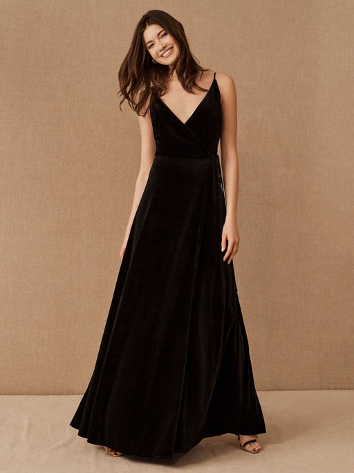 Black Evening Dress A-Line V-Neck Floor-Length Sleeveless Zipper Sash Matte Satin Formal Party Dresses