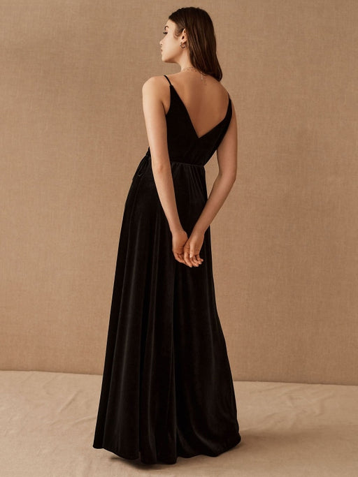 Black Evening Dress A-Line V-Neck Floor-Length Sleeveless Zipper Sash Matte Satin Formal Party Dresses