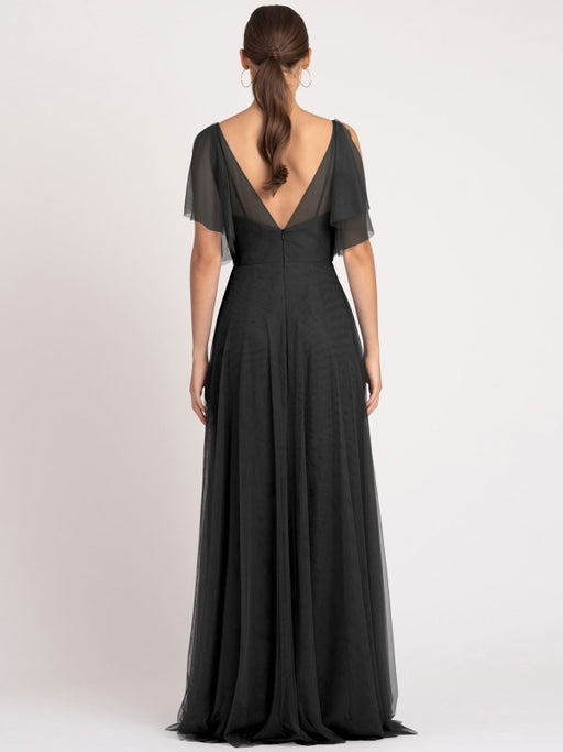 Black Evening Dress A-Line V-Neck Sleeveless Matte Satin Floor-Length Pleated Formal Party Dresses