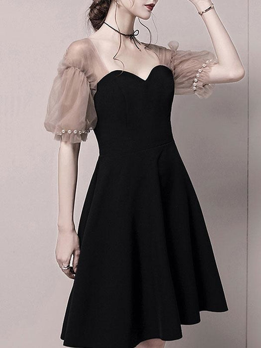 Black Evening Dress Ball Gown Sweetheart Neck Knee-Length Half Sleeves Zipper Beaded Stretch Crepe Formal Dinner Dresses