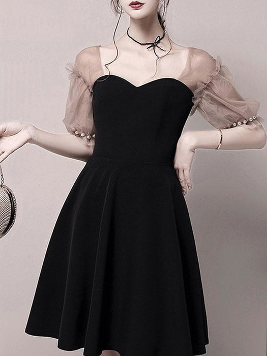 Black Evening Dress Ball Gown Sweetheart Neck Knee-Length Half Sleeves Zipper Beaded Stretch Crepe Formal Dinner Dresses