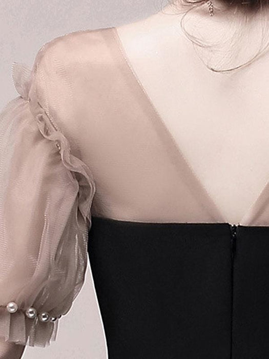 Black Evening Dress Ball Gown Sweetheart Neck Knee-Length Half Sleeves Zipper Beaded Stretch Crepe Formal Dinner Dresses