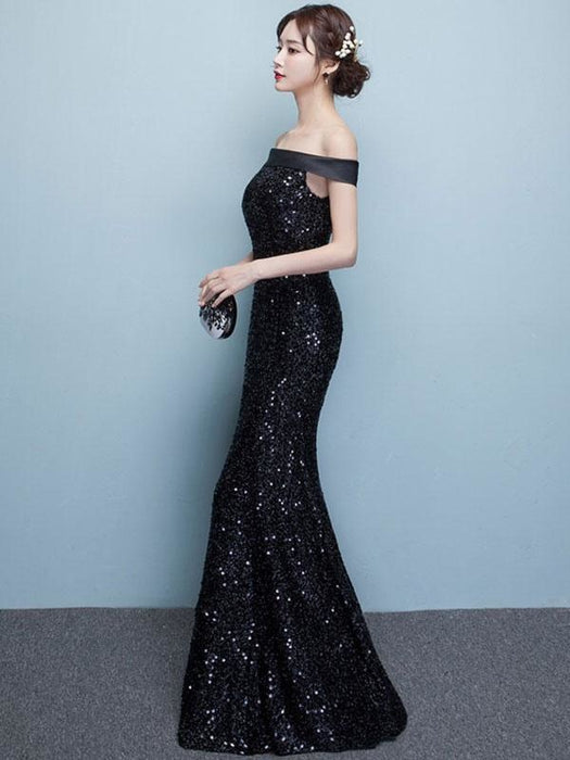 Black Evening Dress Lace Sequin Bateau Mermaid Formal Dress Off The Shoulder Floor Length Occasion Dress wedding guest dress