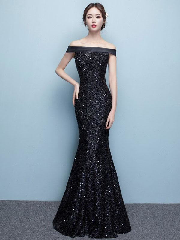 Black Evening Dress Lace Sequin Bateau Mermaid Formal Dress Off The Shoulder Floor Length Occasion Dress wedding guest dress