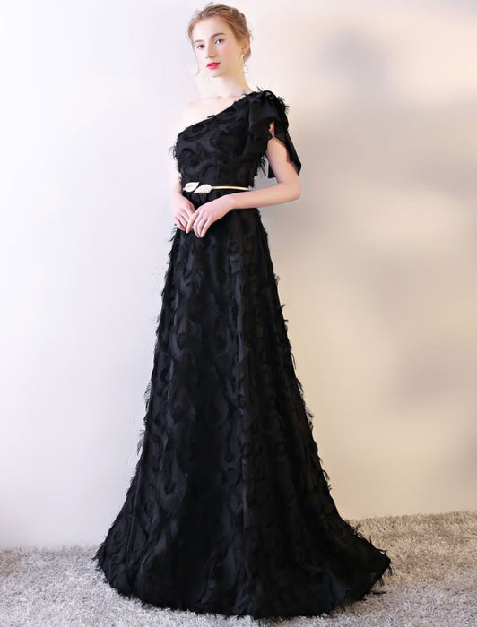 Black Evening Dress One Shoulder Prom Dress Long Lace Ruffles Floor Length Formal Dress With Sash