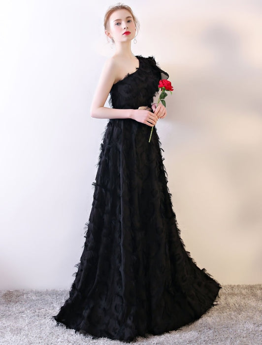 Black Evening Dress One Shoulder Prom Dress Long Lace Ruffles Floor Length Formal Dress With Sash