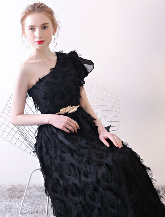 Black Evening Dress One Shoulder Prom Dress Long Lace Ruffles Floor Length Formal Dress With Sash