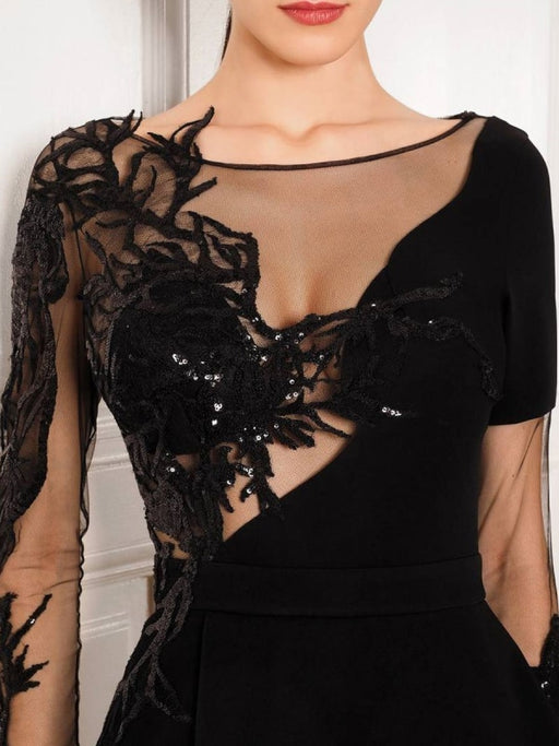 Black Evening Dress Sheath Bateau Neck Long Sleeve Chiffon Floor-Length Lace Bodycon Social Party Dress Pageant Dress