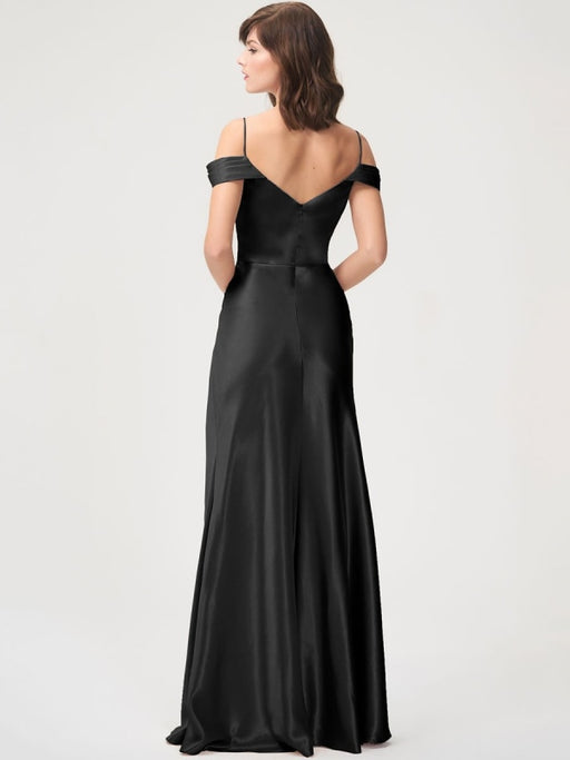 Black Evening Dress Sheath Bateau Neck Satin Fabric Floor-Length Pleated Floor-Length Formal Dinner Dresses