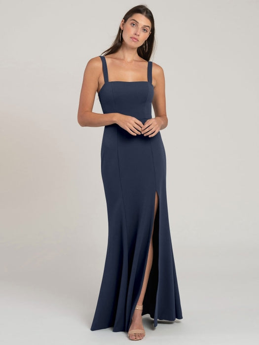 Black Evening Dress Sheath Square Neck Floor-Length Sleeveless Zipper Split Front Matte Satin Formal Dinner Dresses