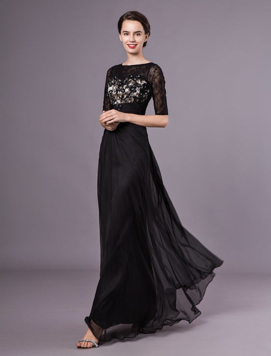 Black Evening Dresses Half Sleeves Lace Beading Chiffon Long Formal Gowns wedding guest dress