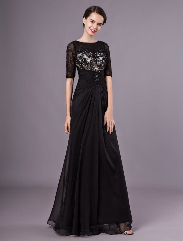 Black Evening Dresses Half Sleeves Lace Beading Chiffon Long Formal Gowns wedding guest dress