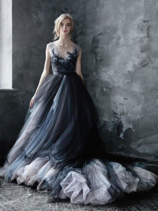 Plus Size Lace Wedding Dresses Gothic Black Long Sleeves V Neck Bridal  Gowns 