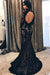 Black Mermaid Jewel Sleeve Lace Open Back Evening Dress Long Prom Dress - Prom Dresses