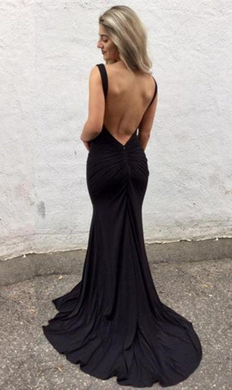 Black Mermaid V Neck Backless Long Prom Dresses with Sweep Train, Mermaid Black Formal Dresses, Evening Dresses