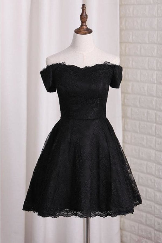 Black Off Shoulder Lace Homecoming Dress A Line Cheap Short Graduation Dresses - Prom Dresses