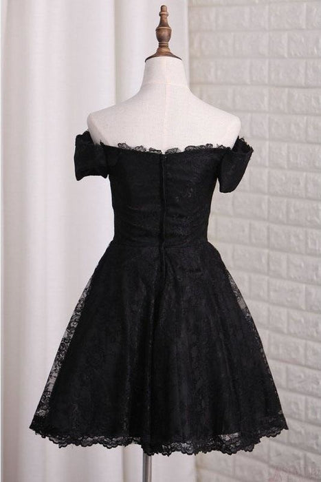 Black Off Shoulder Lace Homecoming Dress A Line Cheap Short Graduation Dresses - Prom Dresses