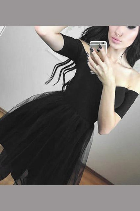 Black Off Shoulder Tulle Above Knee Homecoming Dress Simple Short Prom Dresses - Prom Dresses