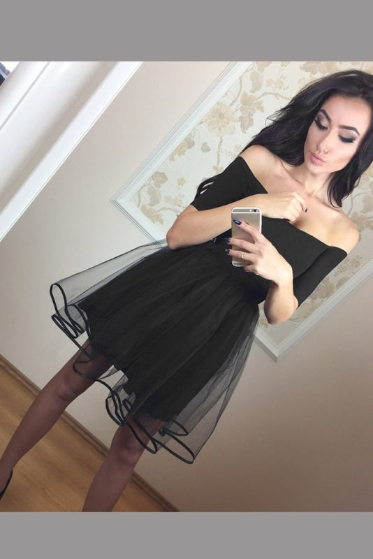 Black Off Shoulder Tulle Above Knee Homecoming Dress Simple Short Prom Dresses - Prom Dresses