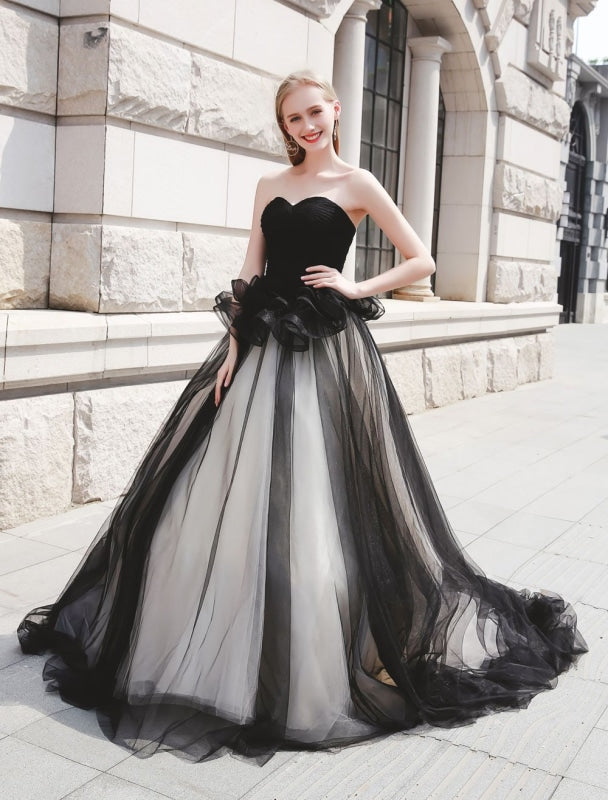 Beautiful Strapless Black Tulle Ball Gown Princess Prom Dresses