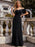 Black Prom Dress A-Line V-Neck Polyester Sleeveless Ruffles Zipper Backless Maxi Pageant Dresses