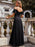 Black Prom Dress A-Line V-Neck Polyester Sleeveless Ruffles Zipper Backless Maxi Pageant Dresses