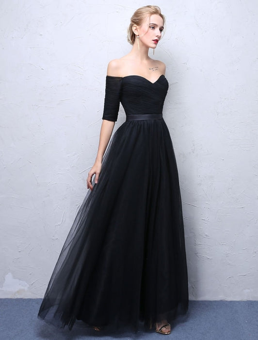 Black Prom Dresses 2021 Long Off The Shoulder Evening Dress Half Sleeve Pleated Maxi Formal Gowns