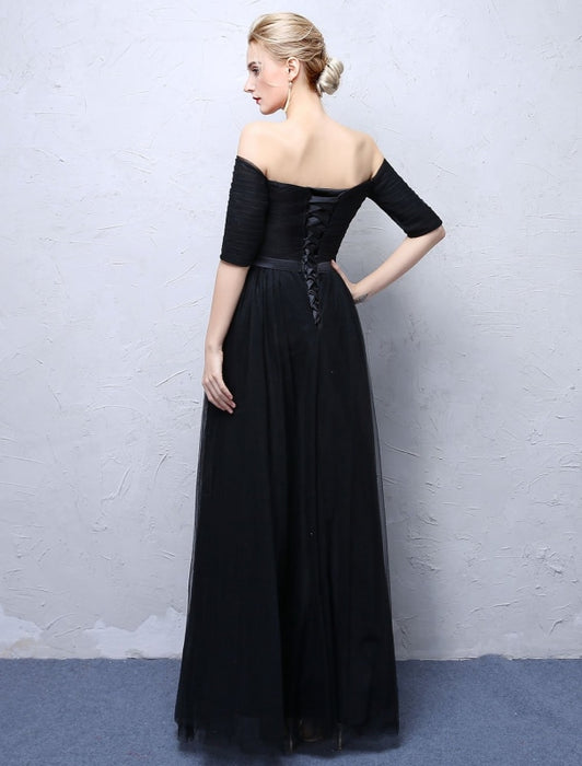 Black Prom Dresses 2021 Long Off The Shoulder Evening Dress Half Sleeve Pleated Maxi Formal Gowns