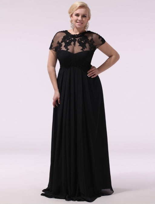 Black Prom Dresses Plus Size Evening Dress Chiffon Lace Applique