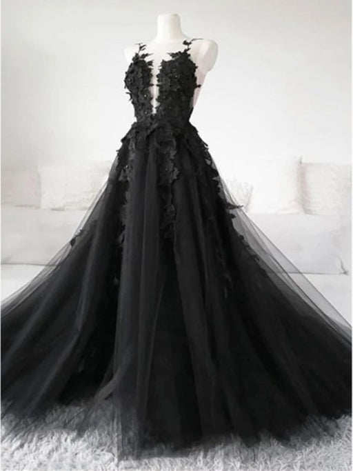 Black Tulle Lace Appliques Long Prom Dresses, Black Lace Formal Dresses, Black Evening Dresses