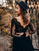 Black Wedding Dresses A-Line Designed Neckline Long Sleeves Natural Waistline Tulle Lace Sweep Bridal Gown